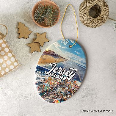 Vibrant Jersey Shore Ceramic Ornament, New Jersey in Atlantic Ocean Christmas Souvenir, Oval