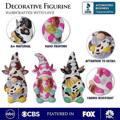 Endearing Cow Gnome Trio Mini Statue Set of Three, 5" Miniature Figurine and Unique Farm Resin