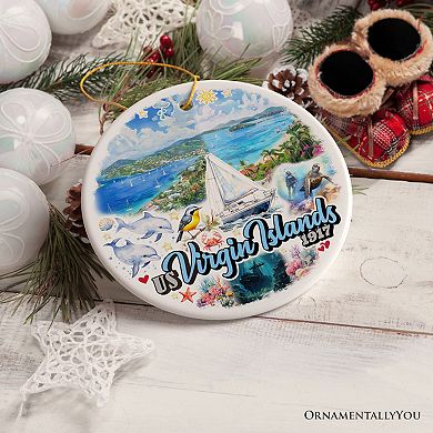 Artistic US Virgin Islands Ornament, Tropical Beach Paradise in Atlantic Ocean Souvenir, Circle