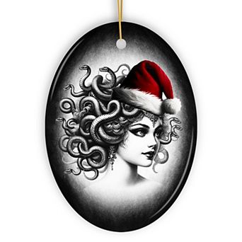 Bewitching Medusa with Santa Hat Ornament, Alluring Christmas Decoration for Halloween Tree, Oval
