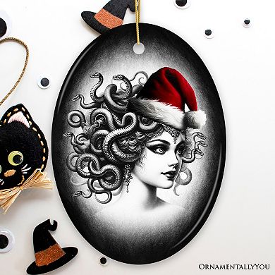 Bewitching Medusa with Santa Hat Ornament, Alluring Christmas Decoration for Halloween Tree, Oval