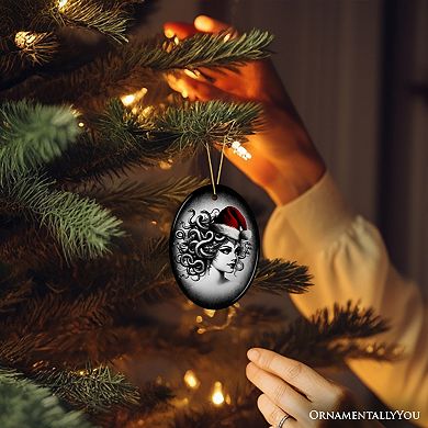 Bewitching Medusa with Santa Hat Ornament, Alluring Christmas Decoration for Halloween Tree, Oval