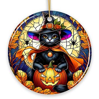 Enchanted Cat Witch Stained Glass Style Ceramic Ornament, Christmas Gift and Décor Version 2