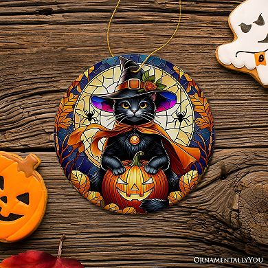 Enchanted Cat Witch Stained Glass Style Ceramic Ornament, Christmas Gift and Décor Version 2