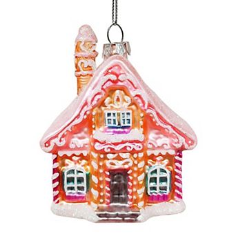 Frosted Pink Cottage Glass Christmas Ornament, Sugar Sweet Gingerbread Home Holiday Tree Decoration