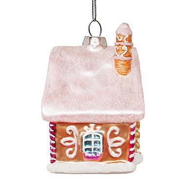 Frosted Pink Cottage Glass Christmas Ornament, Sugar Sweet Gingerbread Home Holiday Tree Decoration