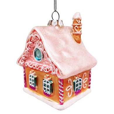 Frosted Pink Cottage Glass Christmas Ornament, Sugar Sweet Gingerbread Home Holiday Tree Decoration