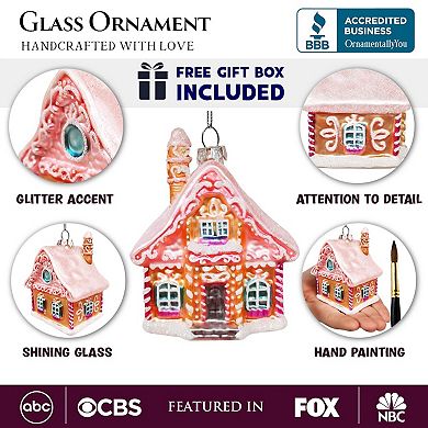 Frosted Pink Cottage Glass Christmas Ornament, Sugar Sweet Gingerbread Home Holiday Tree Decoration