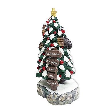 Whimsical Bigfoot Behind Christmas Tree Figurine, 7.5" Funny Holiday Yeti LED Statue, He Sees You