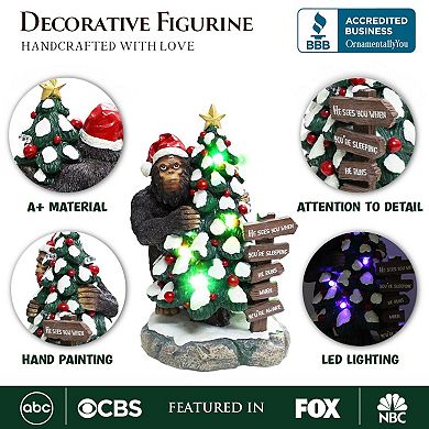 Whimsical Bigfoot Behind Christmas Tree Figurine, 7.5" Funny Holiday Yeti LED Statue, He Sees You