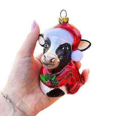Festive Cow in Wreath Blown Glass Christmas Ornament, Farmhouse Theme Tree Decoration