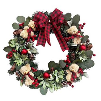 Exquisite Plaid Bow and Bears 20" Christmas Wreath, Holiday Door Decoration