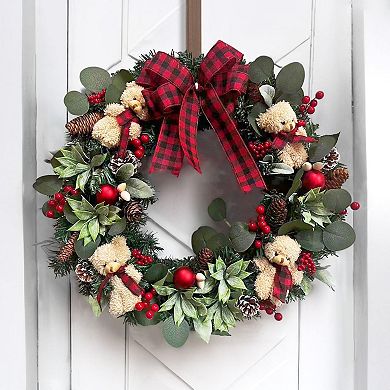 Exquisite Plaid Bow and Bears 20" Christmas Wreath, Holiday Door Decoration