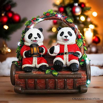 Nostalgic Panda Duo Festive Lighted Figurine, 6" LED Christmas Bear Statue