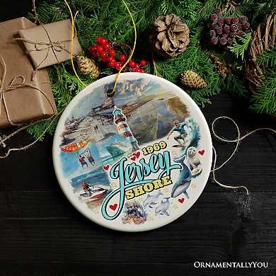 Vibrant Jersey Shore Ceramic Ornament, New Jersey in Atlantic Ocean Christmas Souvenir, Circle