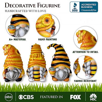 Buzzy Trio Set of Three Bumble Bee Gnome Figurines, 6" Tiered Tray Home or Garden Decoration