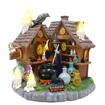 Enchanted Witch Cottage Lighted Figurine, 10" LED Halloween Decor Statue with Cauldrons and Ravens