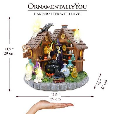 Enchanted Witch Cottage Lighted Figurine, 10" LED Halloween Decor Statue with Cauldrons and Ravens