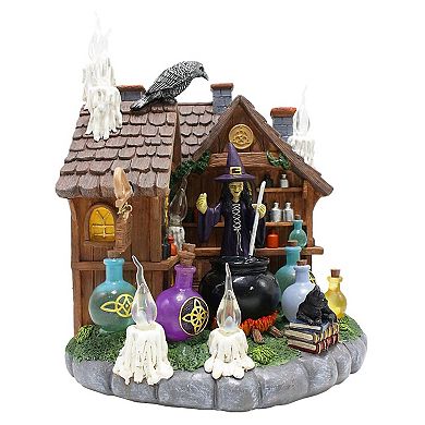 Enchanted Witch Cottage Lighted Figurine, 10" LED Halloween Decor Statue with Cauldrons and Ravens