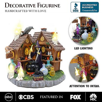 Enchanted Witch Cottage Lighted Figurine, 10" LED Halloween Decor Statue with Cauldrons and Ravens