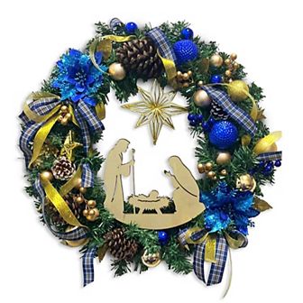 Decorous Nativity Christmas Wreath, Blue and Gold Ribbons and Poinsettias Birth of Christ Door Decor
