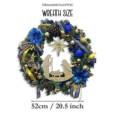 Decorous Nativity Christmas Wreath, Blue and Gold Ribbons and Poinsettias Birth of Christ Door Decor