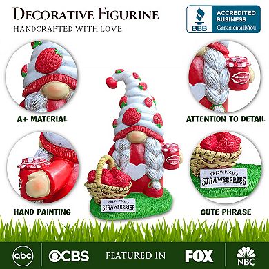 Charming Homestead Strawberry Gnome Garden Statue, 9.5" Farmhouse Style Unique Fruit Home Decor
