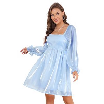 Women's Long Sleeve Casual Solid Dresses Babydoll Mesh Midi Dress