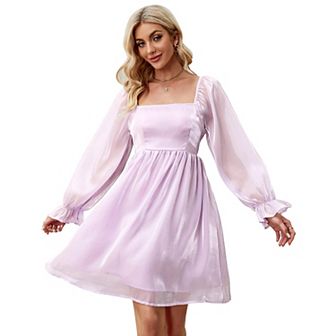 Women's Long Sleeve Casual Solid Dresses Babydoll Mesh Midi Dress