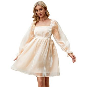 Women's Long Sleeve Casual Solid Dresses Babydoll Mesh Midi Dress