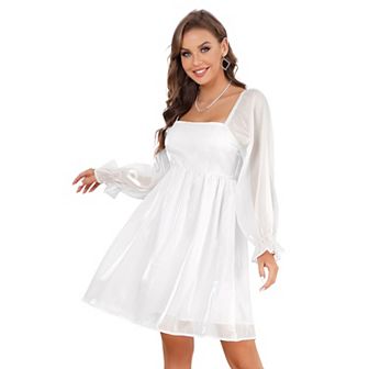 Women's Long Sleeve Casual Solid Dresses Babydoll Mesh Midi Dress