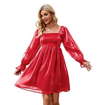 Women's Long Sleeve Casual Solid Dresses Babydoll Mesh Midi Dress