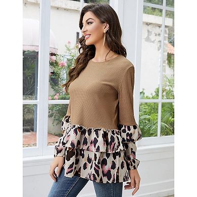 Women's Long Sleeve Ruffles Tunic Leopard Print Tops Babydoll Peplum Blouses