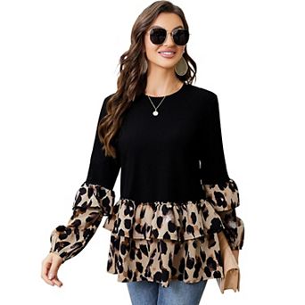 Women's Long Sleeve Ruffles Tunic Leopard Print Tops Babydoll Peplum Blouses
