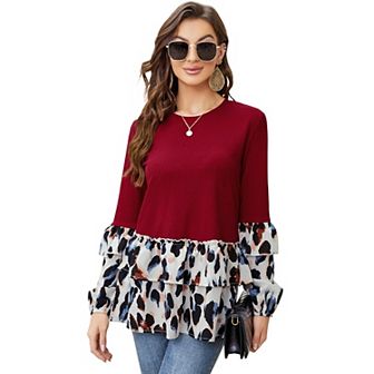 Women's Long Sleeve Ruffles Tunic Leopard Print Tops Babydoll Peplum Blouses
