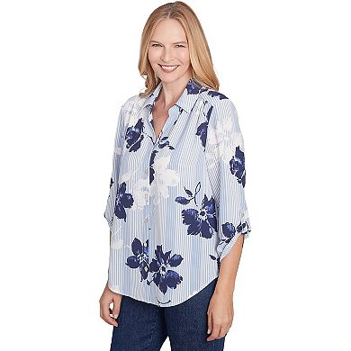 Women's Alfred Dunner Striped Flower Button Front Tie Sleeve Blouse