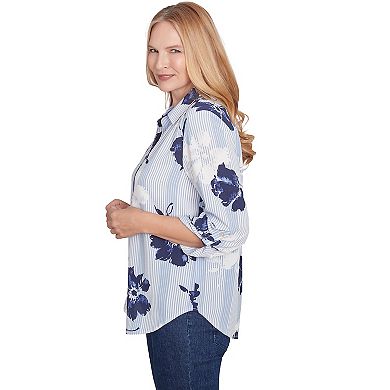 Women's Alfred Dunner Striped Flower Button Front Tie Sleeve Blouse