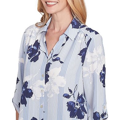 Women's Alfred Dunner Striped Flower Button Front Tie Sleeve Blouse