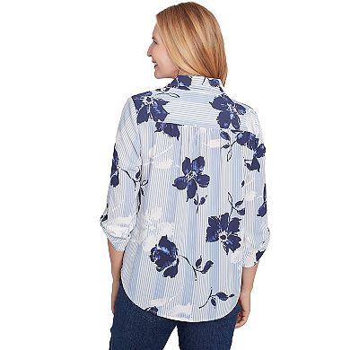 Women's Alfred Dunner Striped Flower Button Front Tie Sleeve Blouse