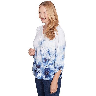 Women's Alfred Dunner Floral Border Ruched Sleeve Henley Top