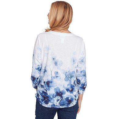 Women's Alfred Dunner Floral Border Ruched Sleeve Henley Top