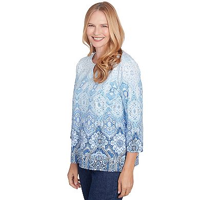 Women's Alfred Dunner Split Beaded Neck Ombre Medallion Top
