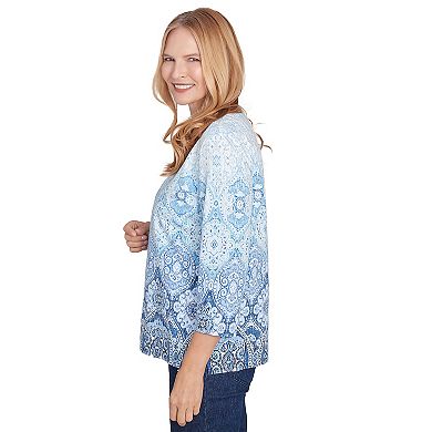 Women's Alfred Dunner Split Beaded Neck Ombre Medallion Top