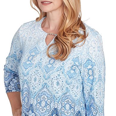 Women's Alfred Dunner Split Beaded Neck Ombre Medallion Top