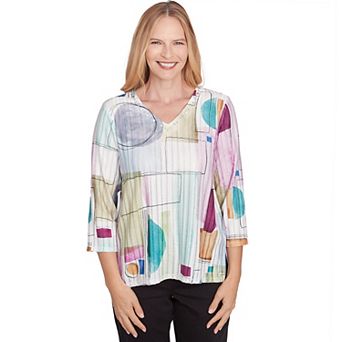 Women's Alfred Dunner Geometric V-Neck Three Quarter Sleeve Top