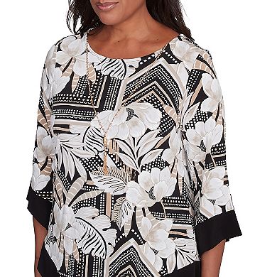 Women's Alfred Dunner Floral Geometric Crewneck Top with Necklace