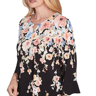 Women's Alfred Dunner Falling Flower Beaded Split Neck Top