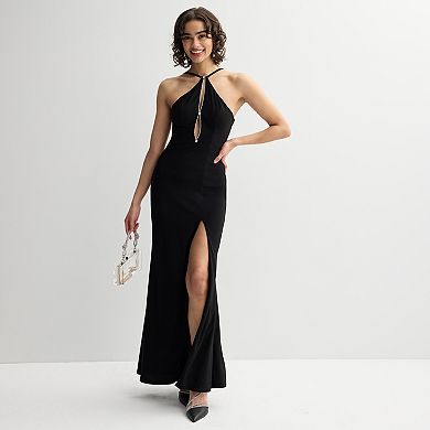 Juniors' Jump Apparel Halter Rhinestone Cut-Out Gown