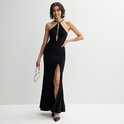 slim fit dress slacks RHINESTONE HALTER NECK OPEN BACK SLIT MAXI DRESS – OhYes Fashion main image 1