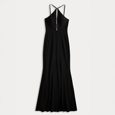 Juniors' Jump Apparel Halter Rhinestone Cut-Out Gown